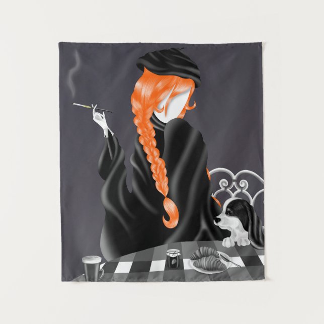 Dog & Lady at French café  Tapestry (Front)