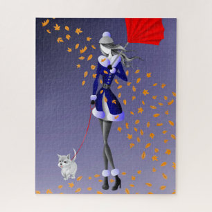 Dog & Lady Automne Feuilles Blue Jigsaw Puzzle