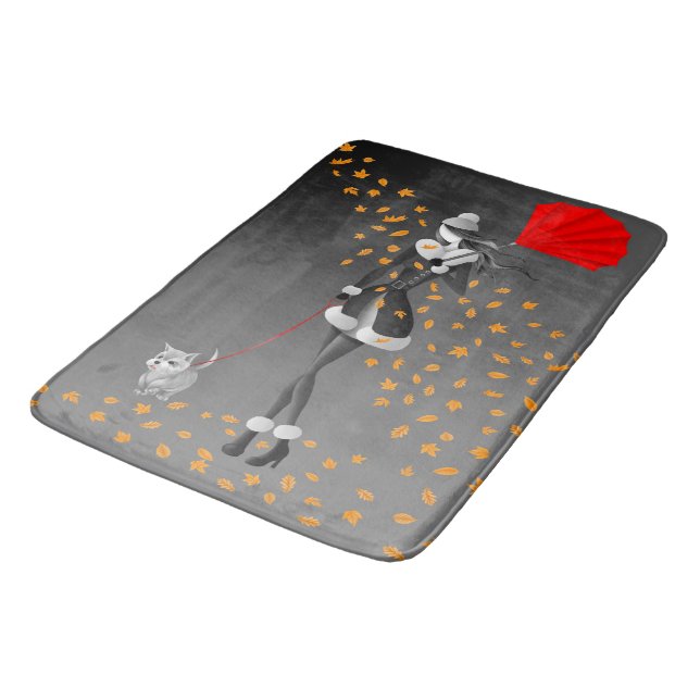 Dog & Lady Autumn Leaves Black Bath Mat (Angled)