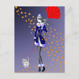 Dog & Lady Autumn Leaves Blue  Postcard
