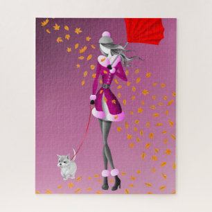 Dog & Lady Autumn Leaves Pink Jigsaw Puzzle