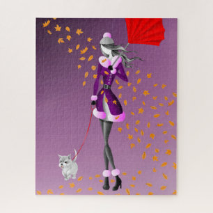 Dog & Lady Autumn Leaves Purple Jigsaw Puzzle
