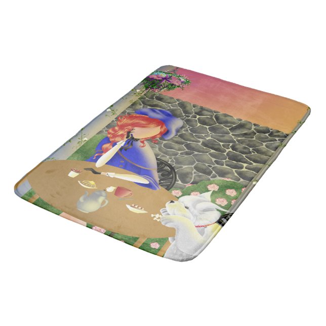 Dog & Lady in Cafe at sunset  Bath Mat (Angled)