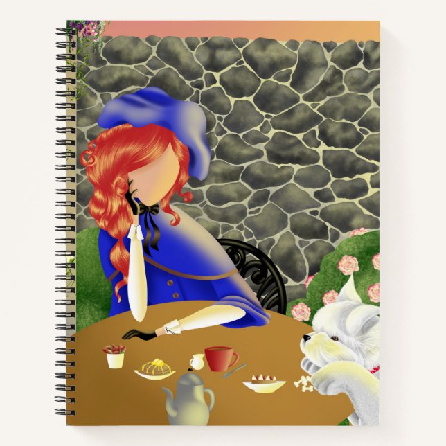 Dog & Lady in Cafe   in sunset Notebook (Front)