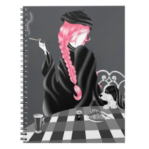 Dog & Lady in French café pink Notebook