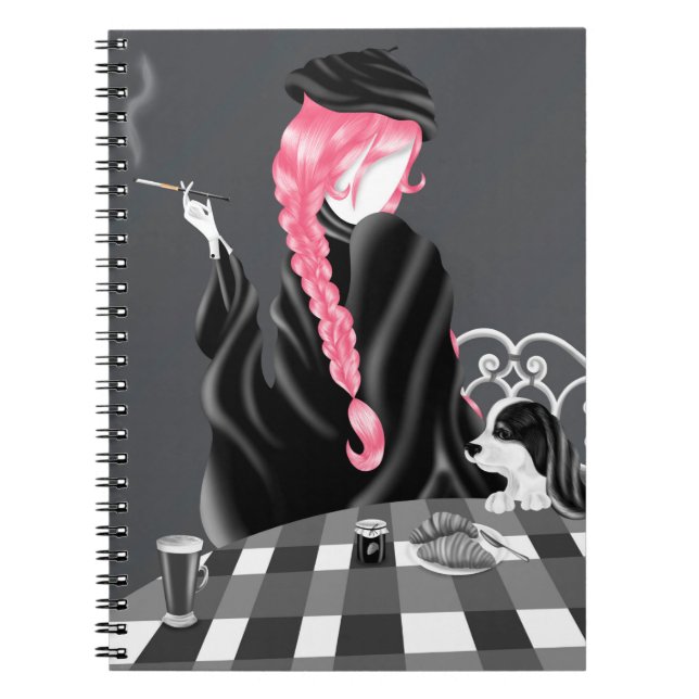 Dog & Lady in French café pink Notebook (Front)