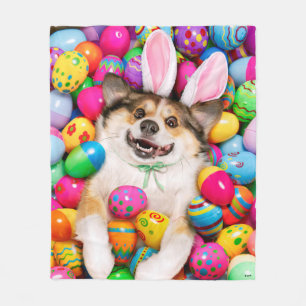 Dog Laying on Easter Eggs Fleece Blanket