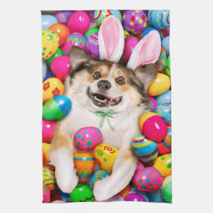 Dog Laying on Easter Eggs Kitchen Towel