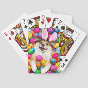 Dog Laying on Easter Eggs Playing Cards
