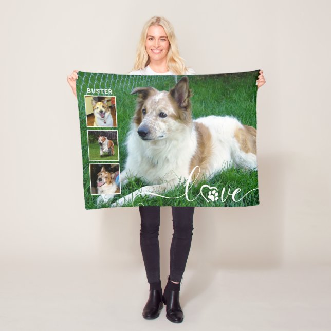 Dog LOVE 4 Photo Paw Print Heart Name Fleece Blanket (In Situ)