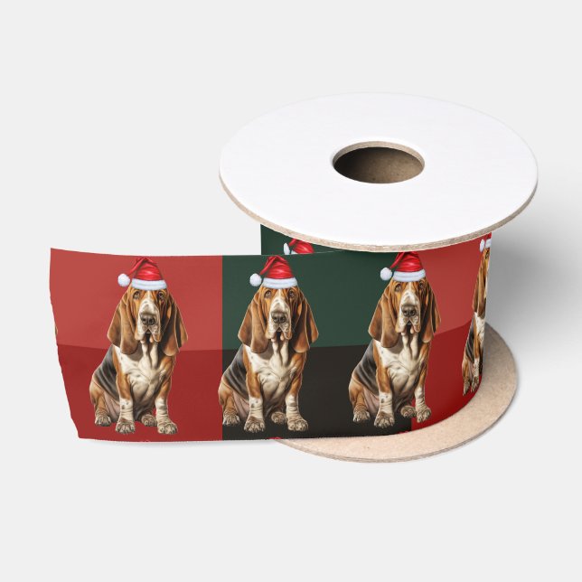 Dog Lover Basset Hound Red Green Plaid Christmas Satin Ribbon (Spool)
