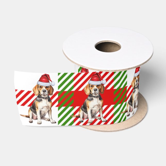 Dog Lover Beagle Red Green Plaid Christmas Satin Ribbon (Spool)