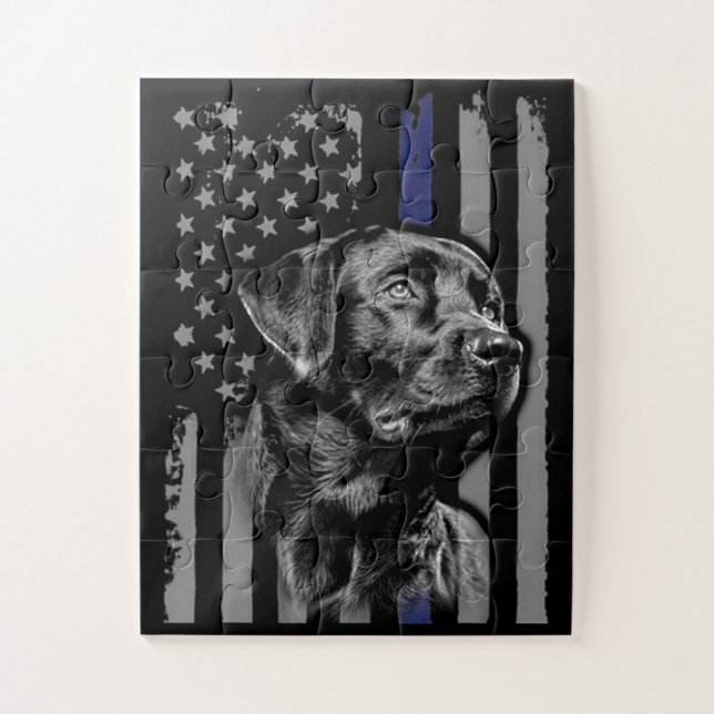 Dog Lover | Black Labrador American Flag Thin Line Jigsaw Puzzle (Vertical)