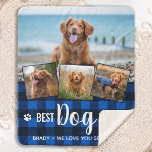 Dog Lover Blue Buffalo Plaid Custom Photo Collage Sherpa Blanket