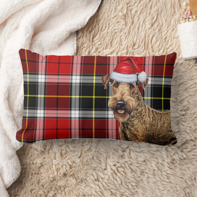 Dog Lover Christmas Airedale Terrier Holiday Plaid Lumbar Pillow (Blanket)
