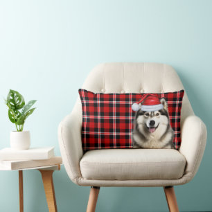 Dog Lover Christmas Alaskan Malamute Holiday Plaid Lumbar Pillow