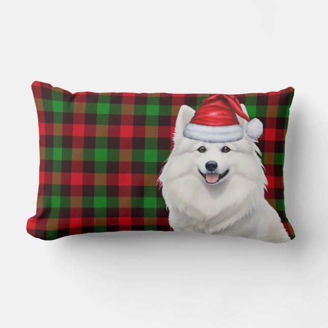Dog Lover Christmas American Eskimo Holiday Plaid Lumbar Pillow (Front)
