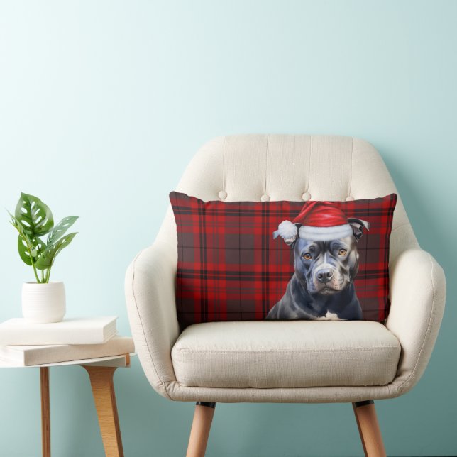 Dog Lover Christmas Bluenose Pitbull Holiday Plaid Lumbar Pillow (Chair)