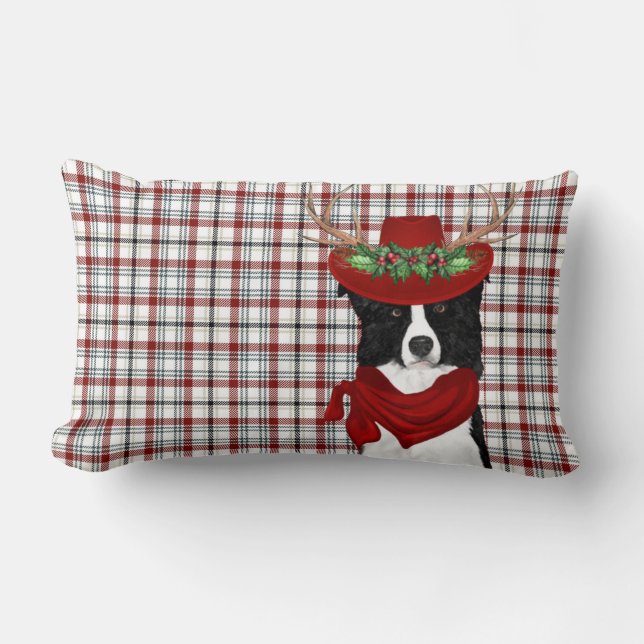 Dog Lover Christmas Border Collie Western Plaid Lumbar Pillow (Front)