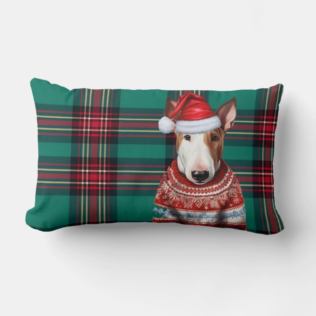 Dog Lover Christmas Bull Terrier Holiday Plaid Lumbar Pillow (Front)