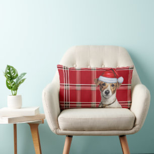 Dog Lover Christmas Jack Russell and Holiday Plaid Lumbar Pillow