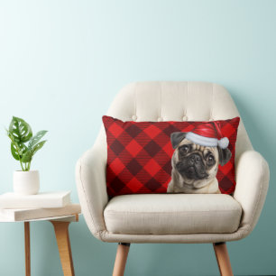 Dog Lover Christmas Pug Red Buffalo Holiday Plaid Lumbar Pillow