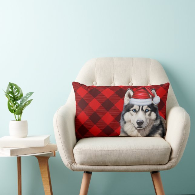 Dog Lover Christmas Siberian Husky Holiday Plaid Lumbar Pillow (Chair)