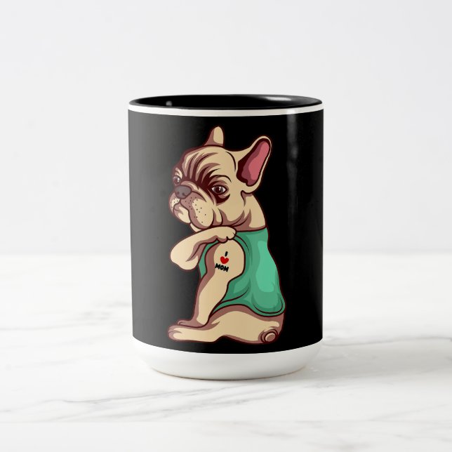 Dog Lover | Cool French Bulldog I Love Mom Tattoo Two-Tone Coffee Mug (Center)