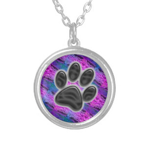 Dog Lover Diagonal Stripes Blue Purple Paw Print Silver Plated Necklace