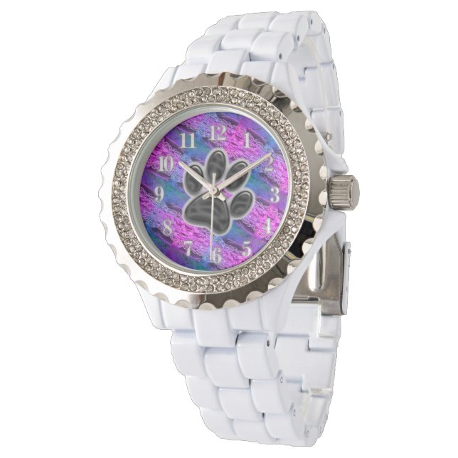 Dog Lover Diagonal Stripes Blue Purple Paw Print Watch (Angled)