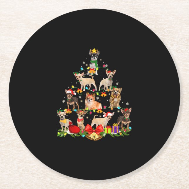 Dog Lover Gifts Chihuahua Tree Christmas Light Round Paper Coaster (Front)