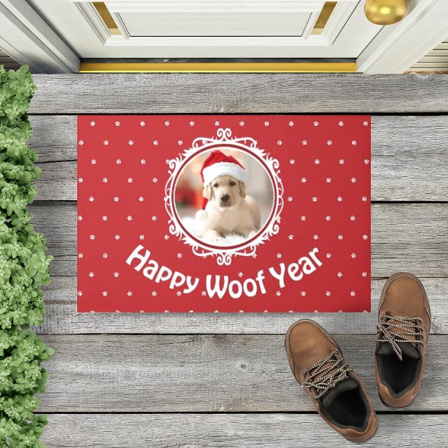 Dog Lover 'Happy Woof Year' Christmas Holiday  Doormat (Creator Uploaded)
