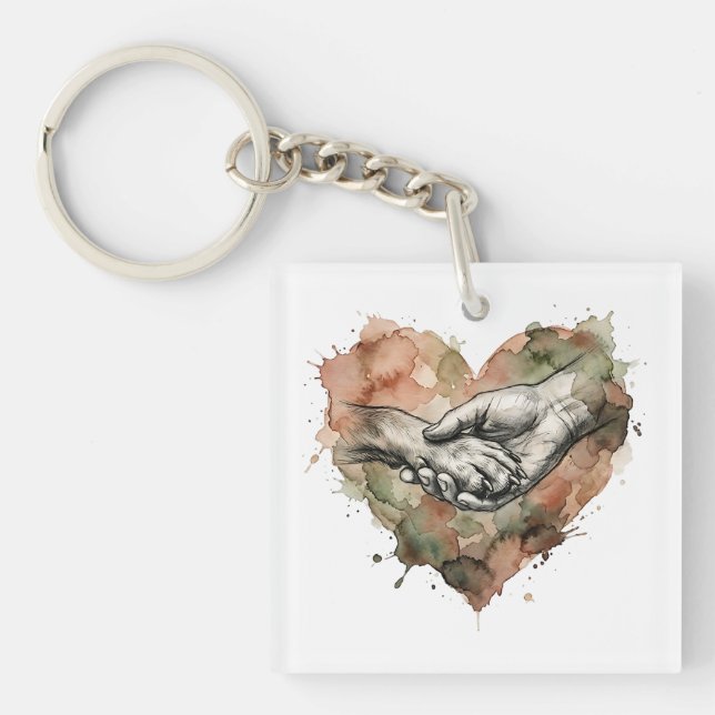 Dog Lover Human Animal Bond Watercolor Heart Keychain (Front)