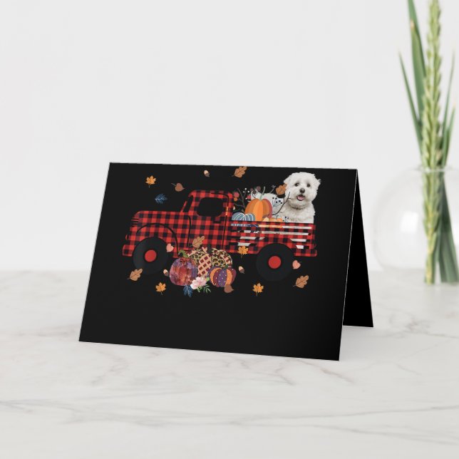 Dog Lover | Maltese Pumpkin Truck Thanksgiving Holiday Card (Front)