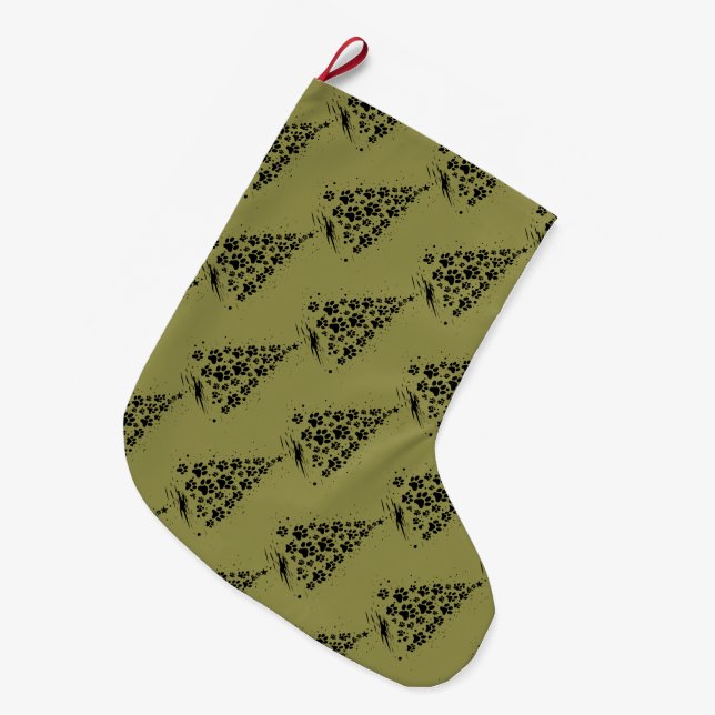 Dog Lover Paw Print Christmas Tree 3 Large Christmas Stocking (Front (Hanging))
