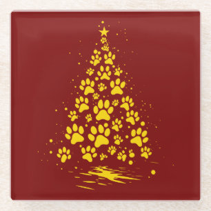 Dog Lover Paw Print Christmas Tree 4 Glass Coaster