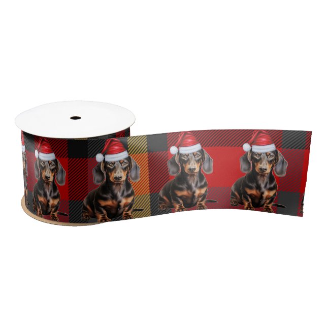 Dog Lover Plaid and Dachshund Christmas Satin Ribbon (Spool)