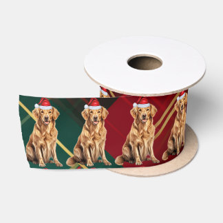 Dog Lover Plaid and Golden Retriever Christmas Satin Ribbon