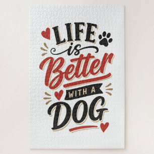 Dog Lover Wall Art - Life is Better with a Dog Red Jigsaw Puzzle