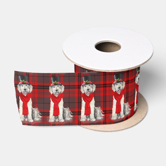 Dog Lover Yellow Labradoodle Plaid Christmas Satin Ribbon (Spool)