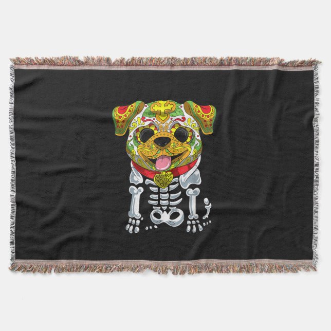 Dog Lovers |  Funny Halloween With Bulldog Skull Throw Blanket (Front)