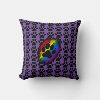 Dog lover's many paws rainbow pawprint purple throw pillow