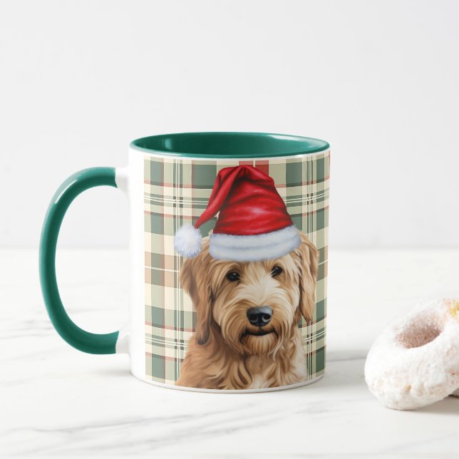 Dog Lover's Red Green Plaid Goldendoodle Holiday Mug (With Donut)