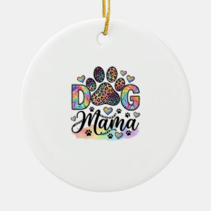 Dog Mama Paw Leopard Rainbow Watercolor Hearts_1 Ceramic Ornament