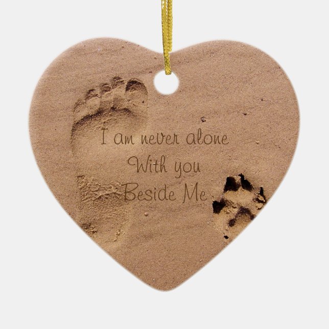 Dog Memorial Footprints in Sand Photo Ceramic Ornament (Front)