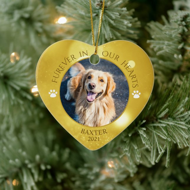 Dog Memorial FUREVER IN OUR HEARTS Photo Keepsake Ceramic Ornament (Tree)