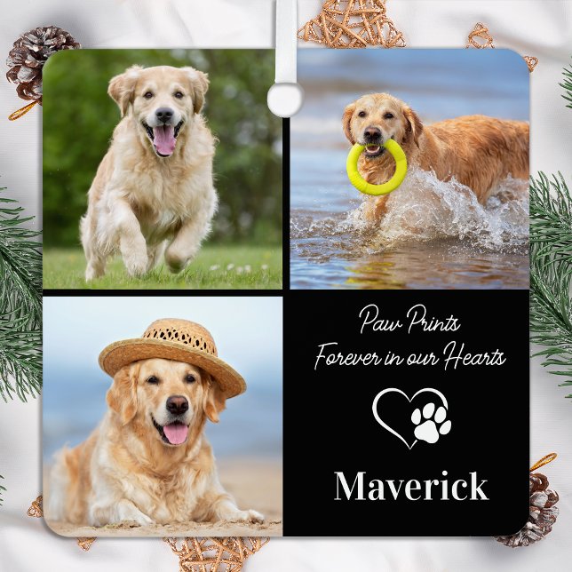 Dog Memorial Pet Loss Personalized 3 Photo Collage Metal Ornament (Creator Uploaded)