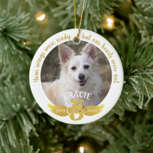Dog Memorial Photo Pawprint Heart Angel Wings Gold Ceramic Ornament