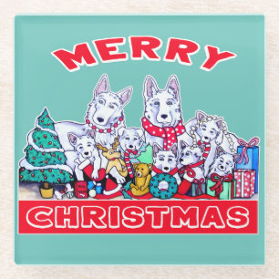 Dog Merry Christmas White Shepherd Holiday GSD Fun Glass Coaster