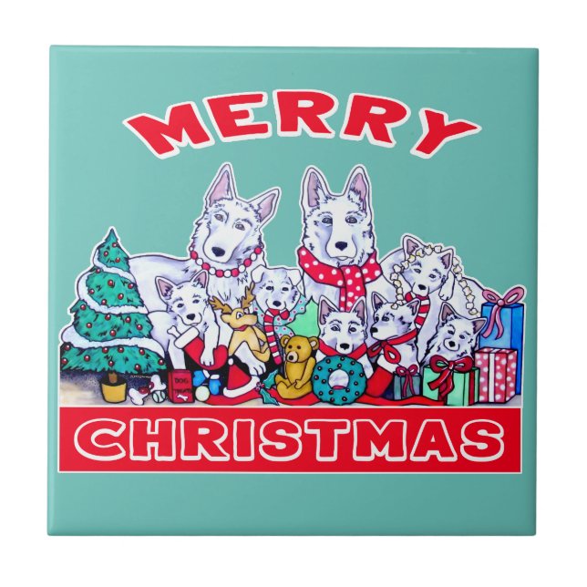 Dog Merry Christmas White Shepherd Holiday GSD Fun Tile (Front)